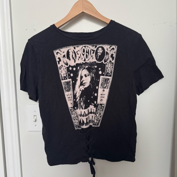 Janis Joplin groovy lace up Black Graphic Women's Top XS oversized goth y2k - Picture 2 of 5